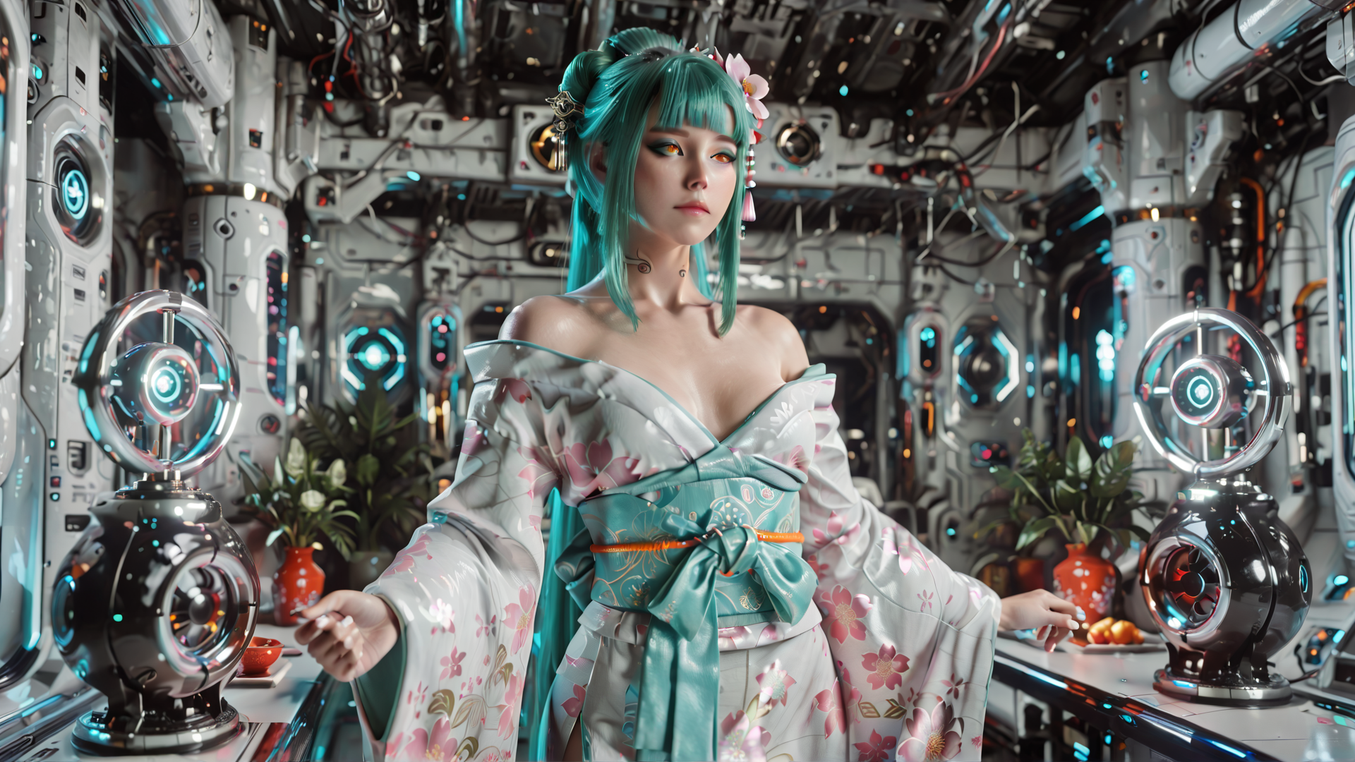 AI generated wallpaper featuring woman, kimono, cyberpunk, robot, flowers, hair, gloves, vase, screen, machine