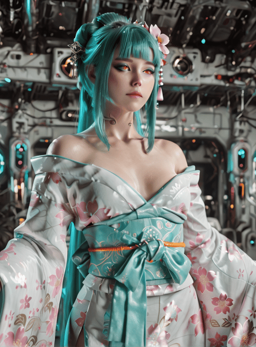 woman, kimono, cyberpunk, robot, flowers, hair, gloves, vase, screen, machine