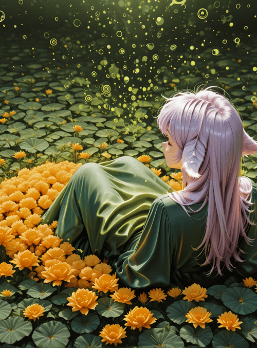 girl, lotus, flowers