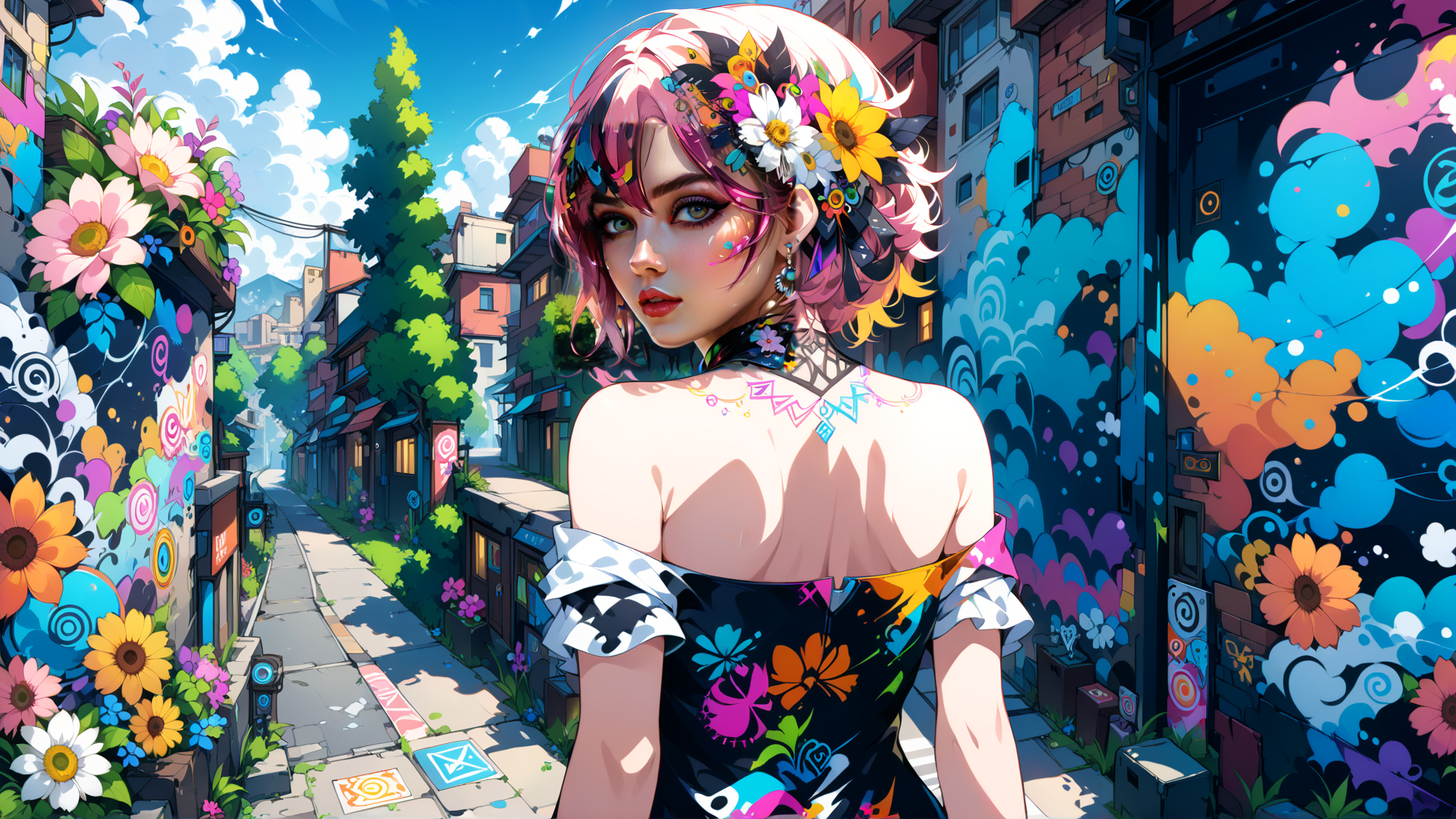 AI generated wallpaper featuring woman, street, flowers
