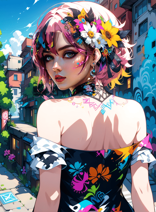 woman, street, flowers