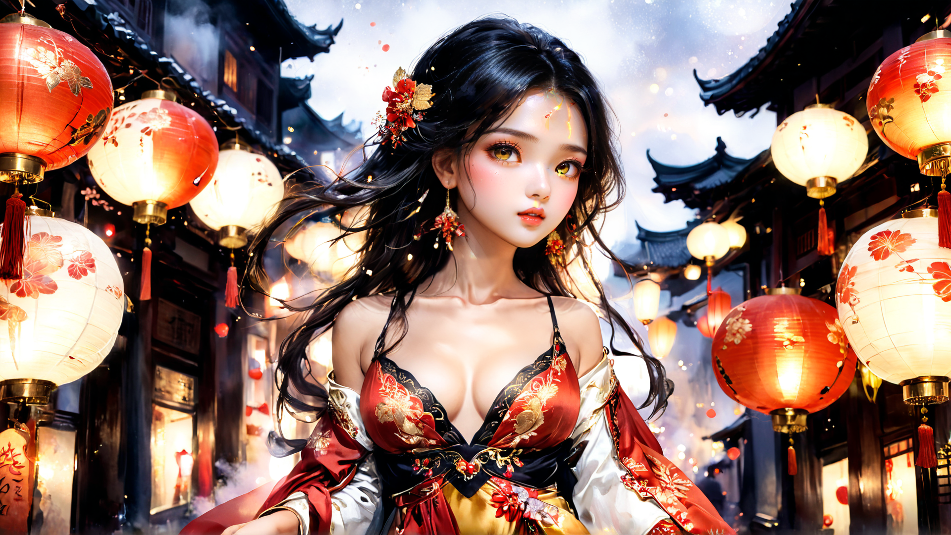 AI generated wallpaper featuring woman, lanterns, traditional dress