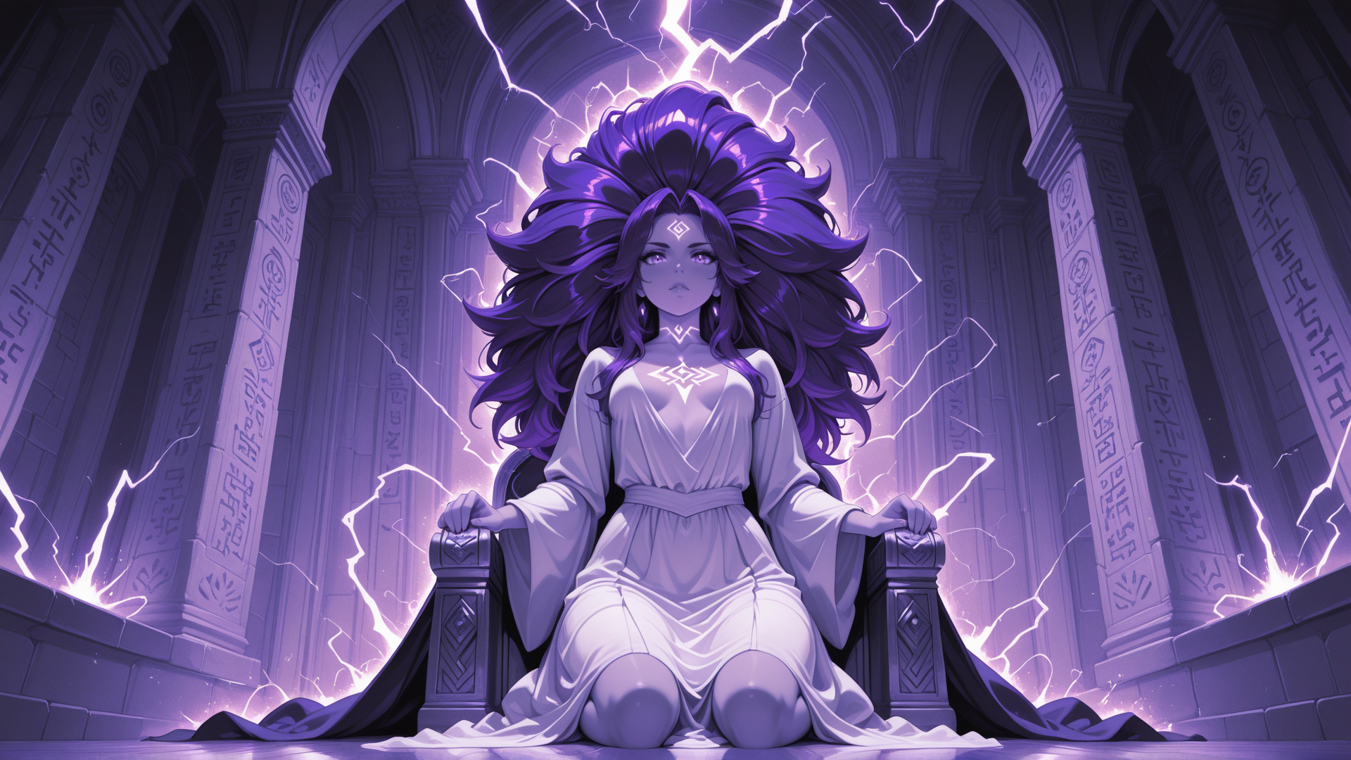 AI generated wallpaper featuring woman, queen, throne, lightning, ancient, archway, columns, sacred, symbol, headdress