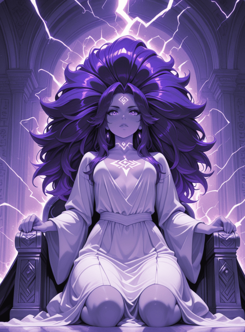 woman, queen, throne, lightning, ancient, archway, columns, sacred, symbol, headdress