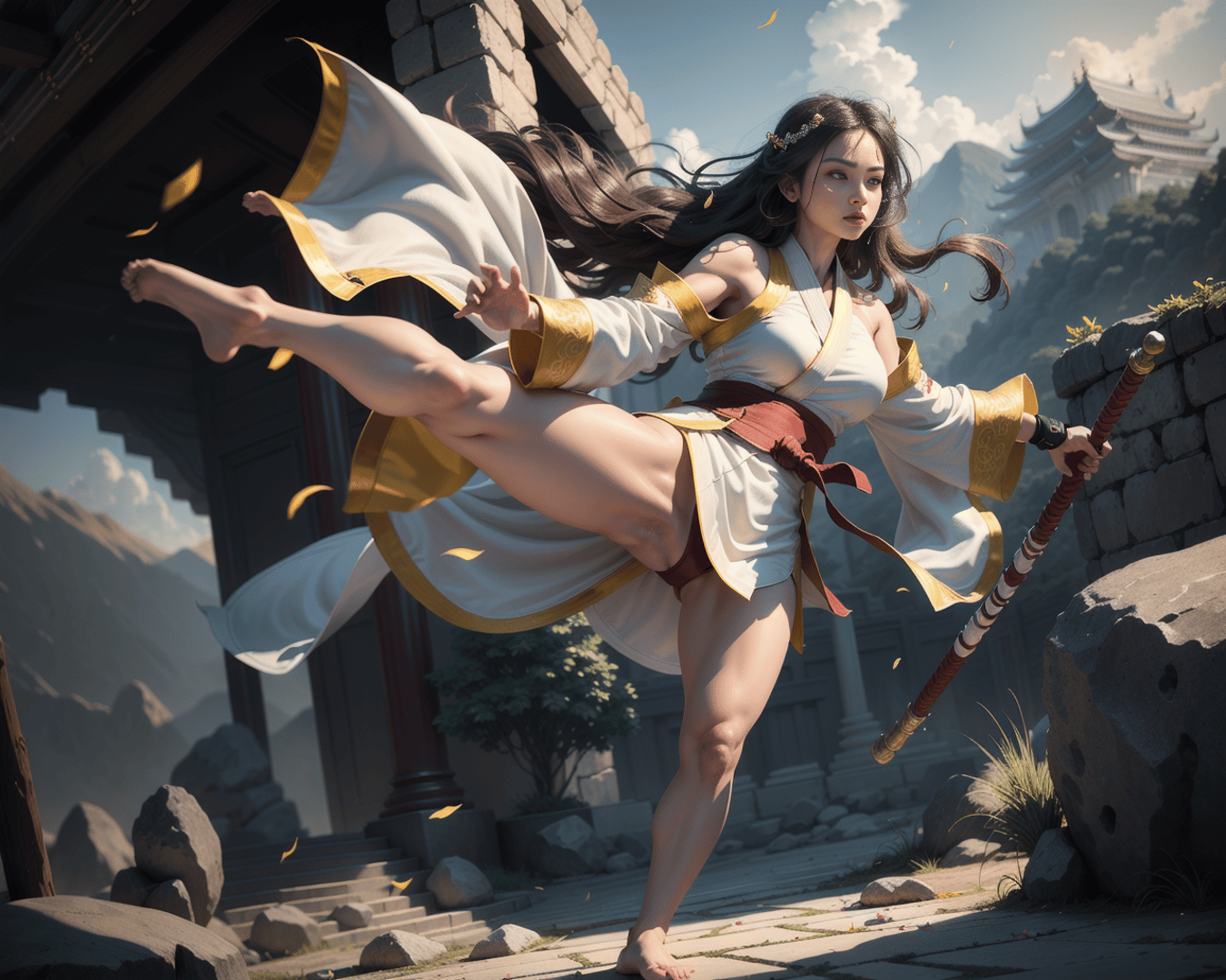 AI generated wallpaper featuring woman, kung fu, sword