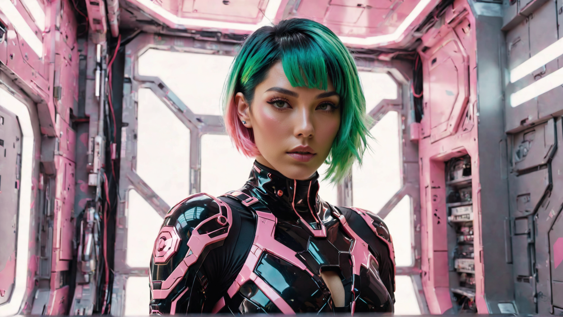 AI generated wallpaper featuring person, cyborg, woman, robotic, armor