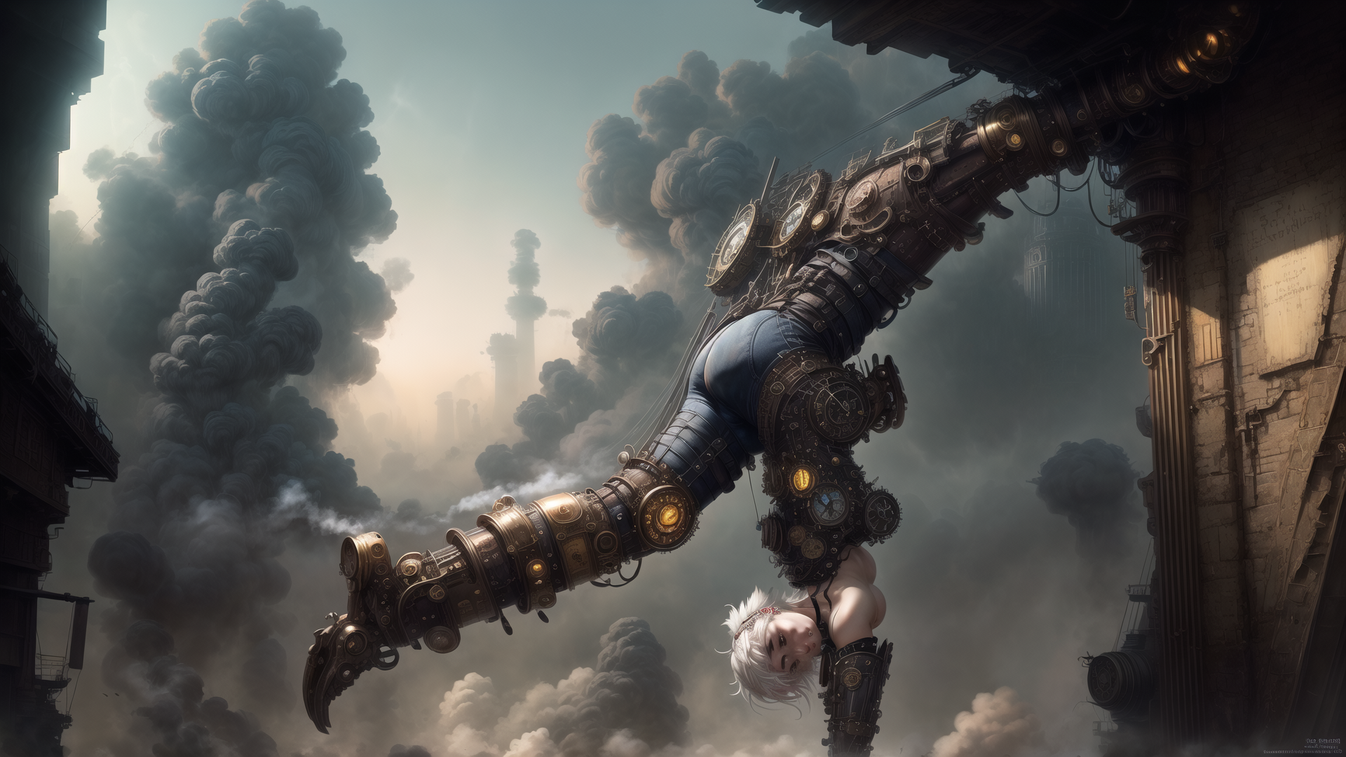 AI generated wallpaper featuring mechanical arm, woman, steampunk, cityscape, smoke