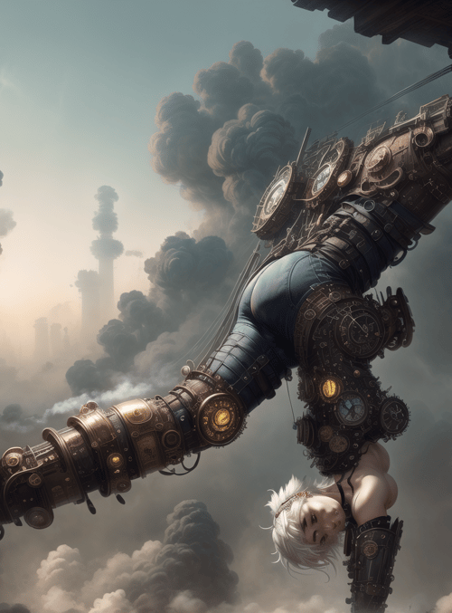 mechanical arm, woman, steampunk, cityscape, smoke