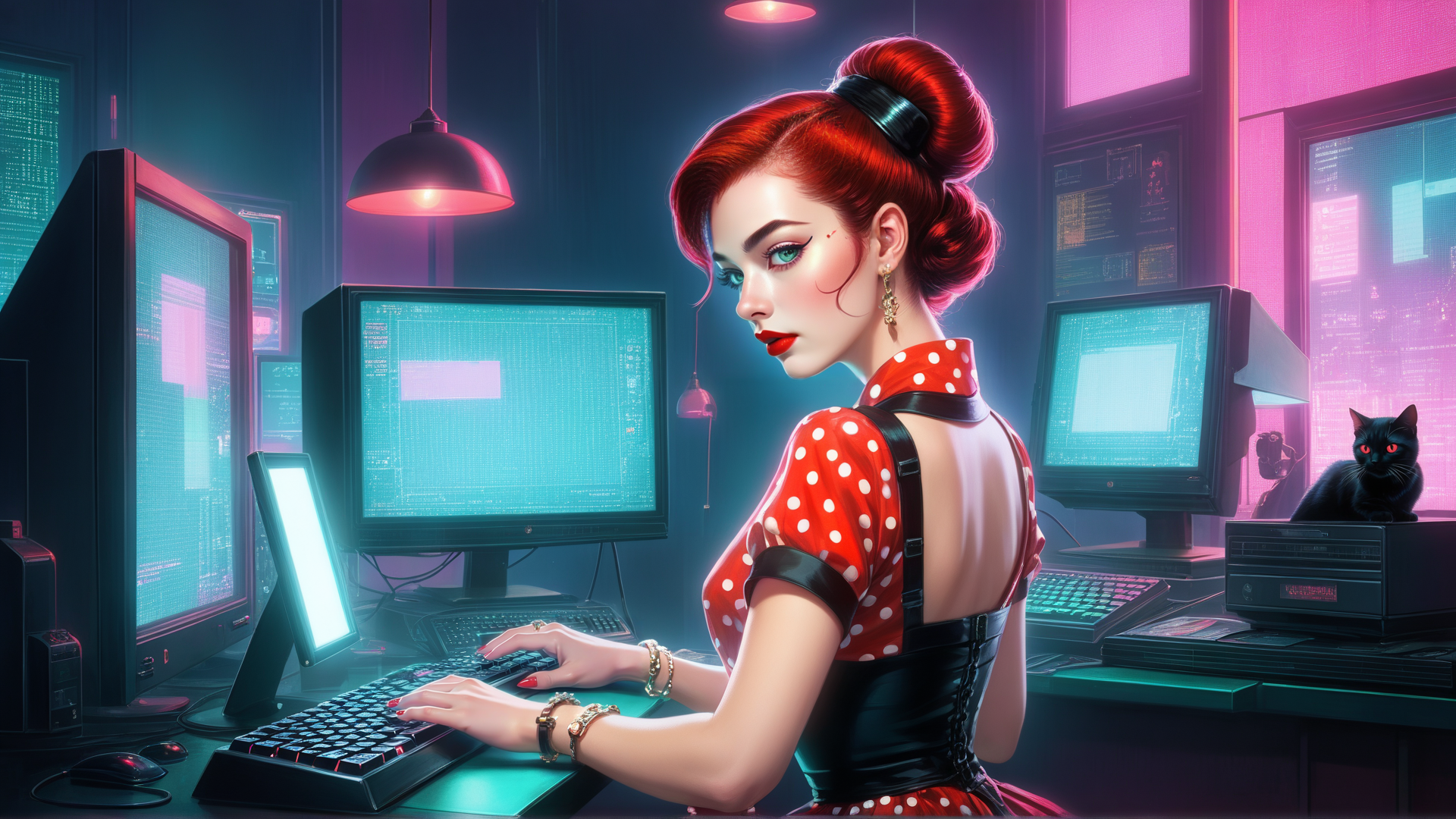 AI generated wallpaper featuring woman, computer, cat, monitor, keyboard