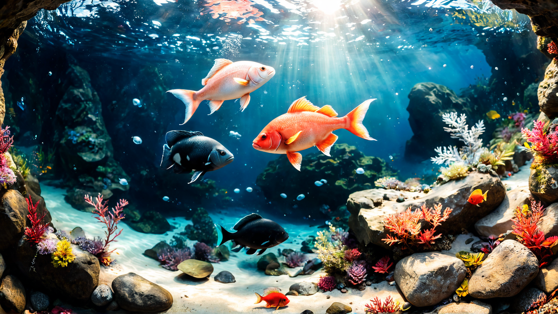 AI generated wallpaper featuring fish, coral, reef