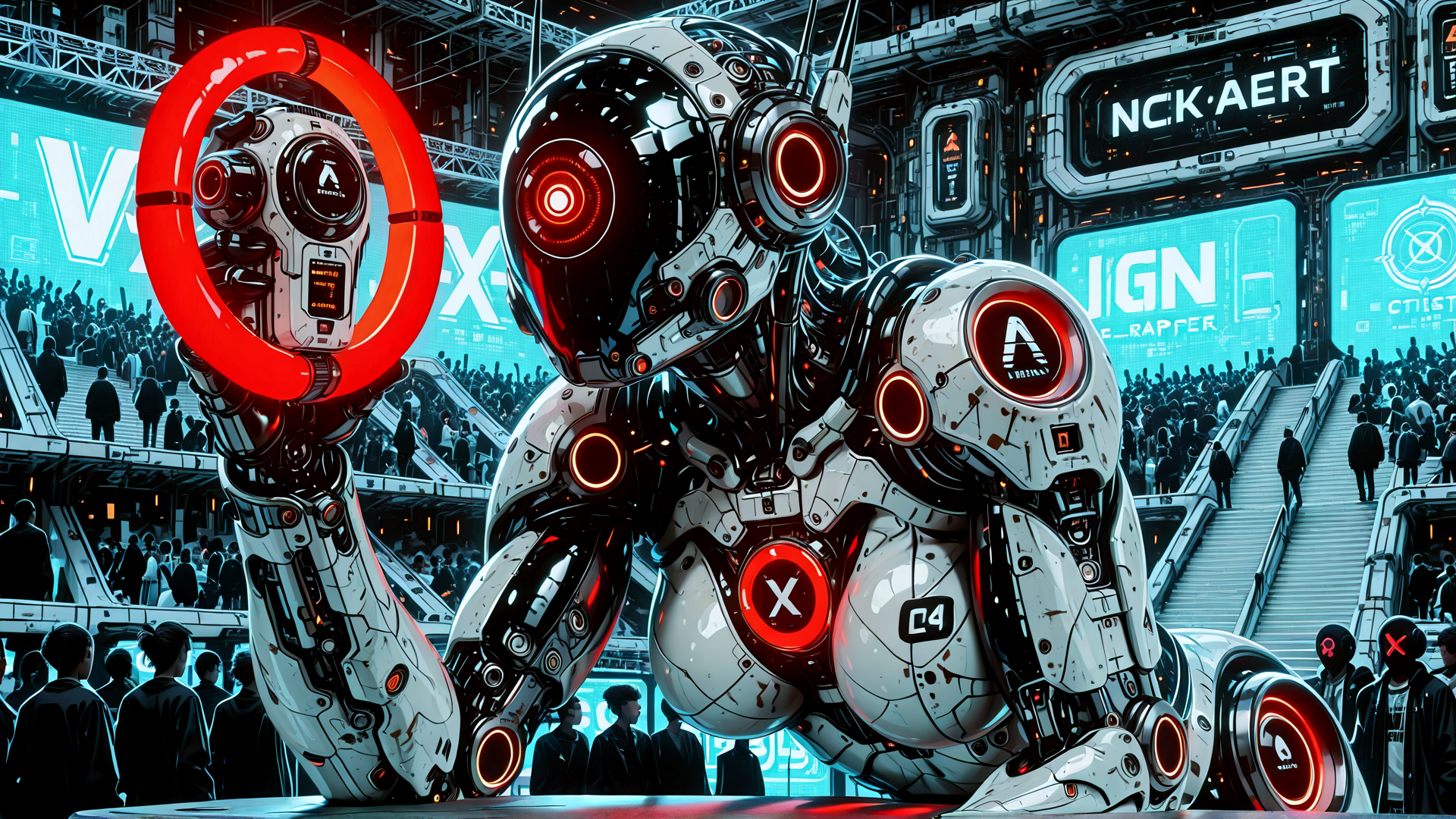 AI generated wallpaper featuring robot, crowd, cityscape, sign, neon, digital, technology, futurism, gadgets, surreal