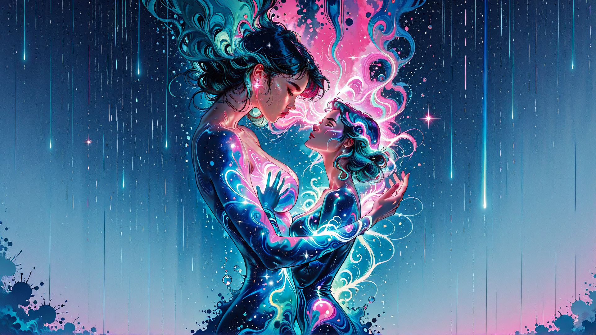AI generated wallpaper featuring couple, women, stars, aurora, shimmer, cosmic, rain