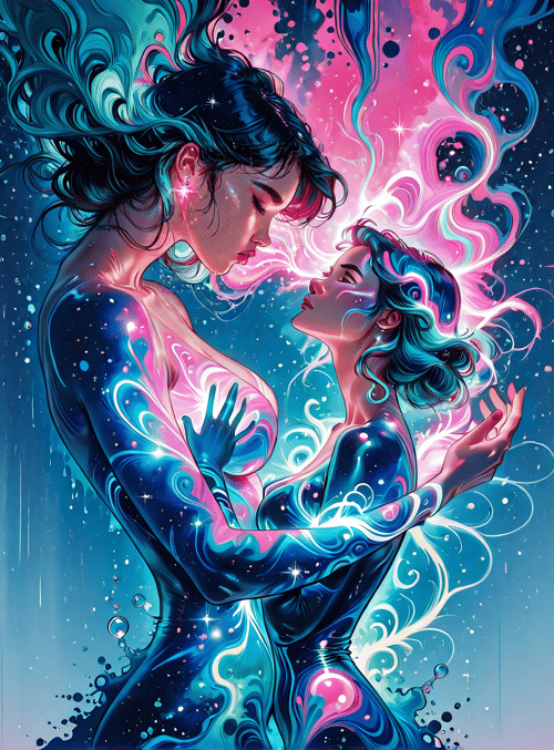 couple, women, stars, aurora, shimmer, cosmic, rain