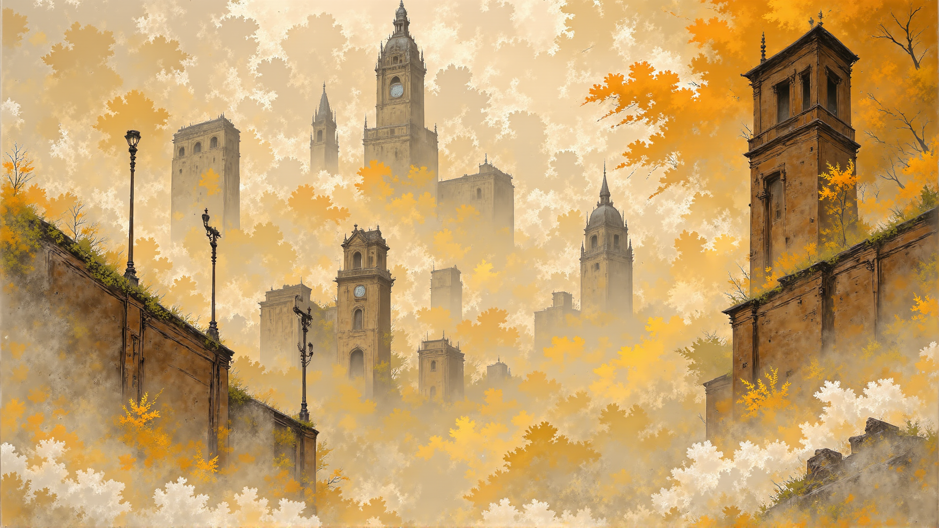 AI generated wallpaper featuring clock tower, building, tree, street lamp, wall