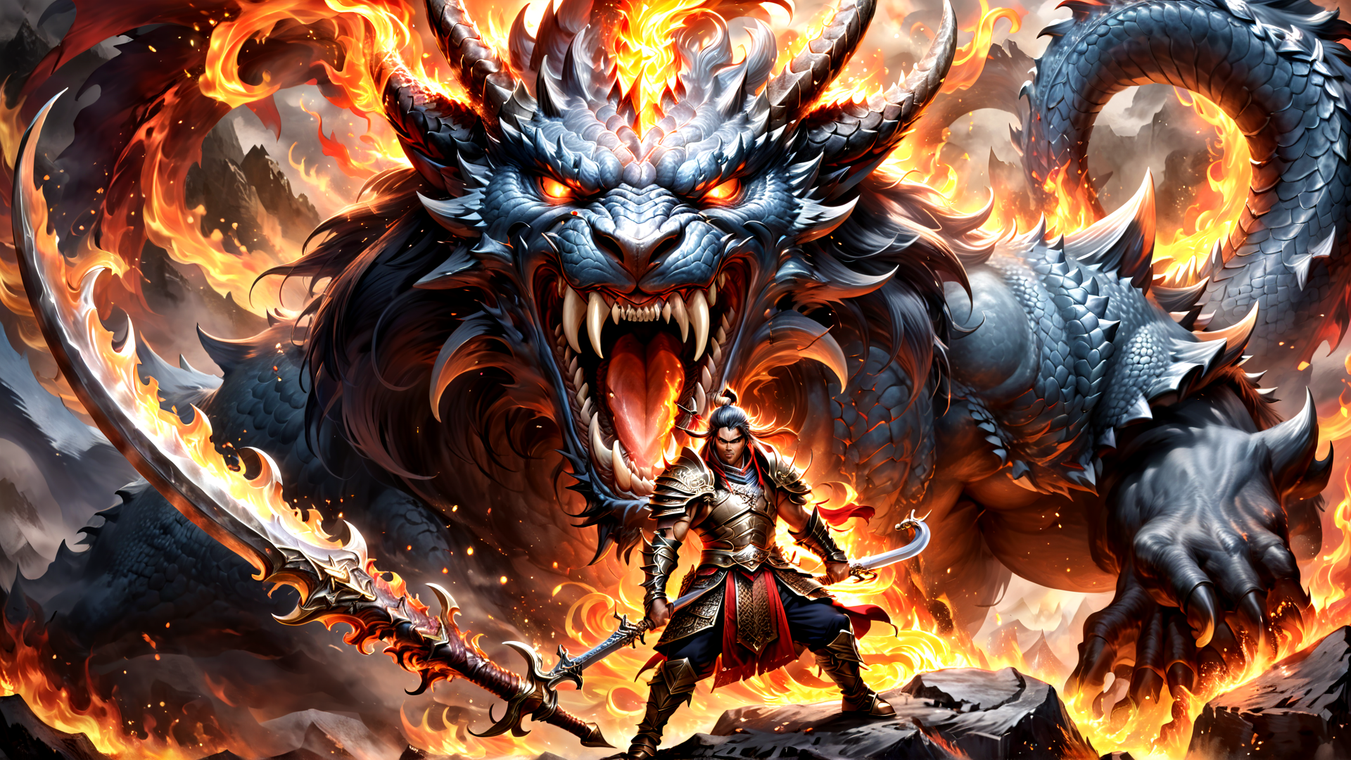 AI generated wallpaper featuring dragon, warrior, sword, fire