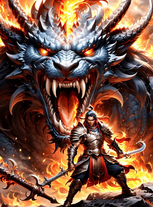 dragon, warrior, sword, fire