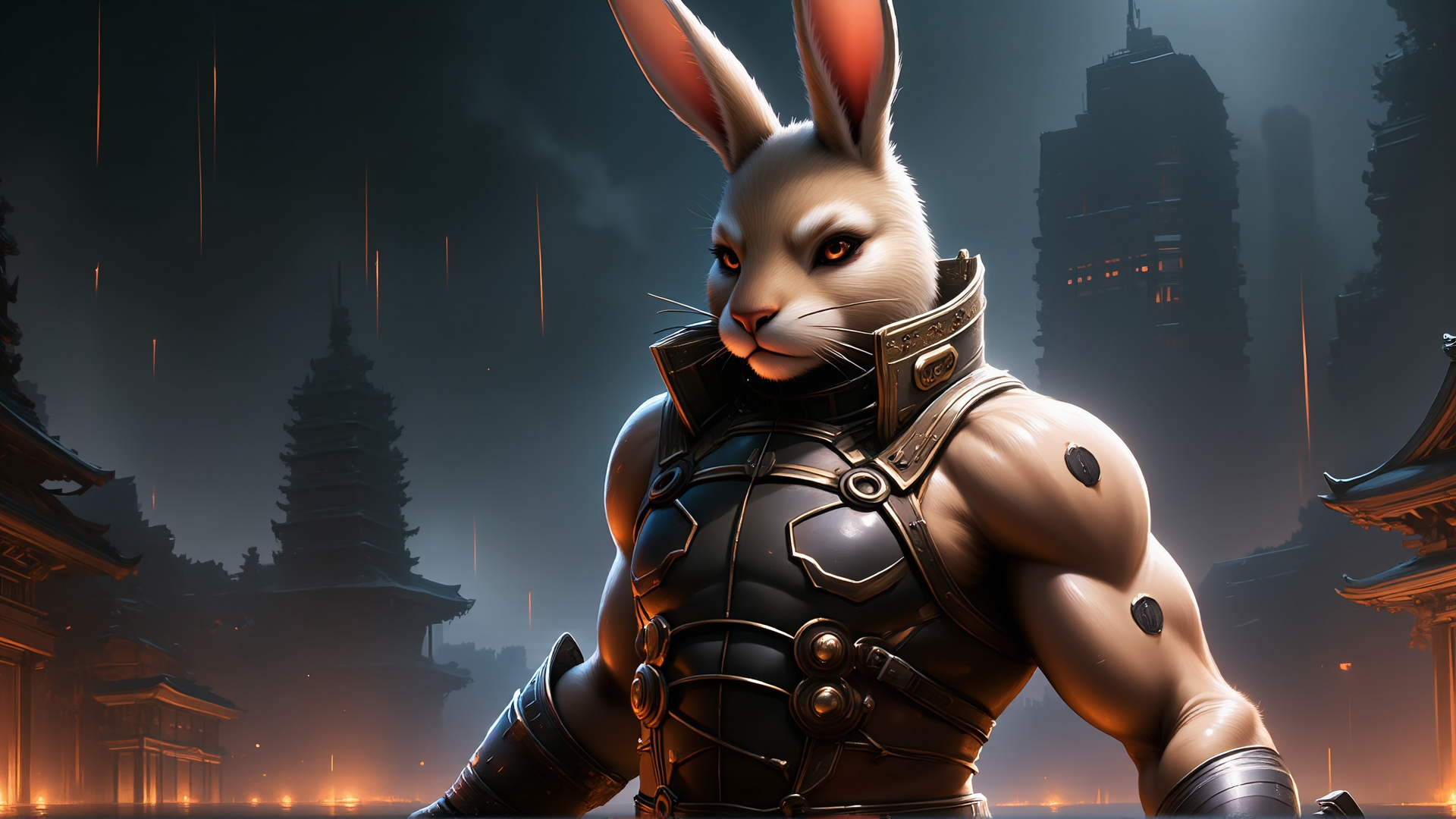 AI generated wallpaper featuring rabbit, armor, cityscape, building