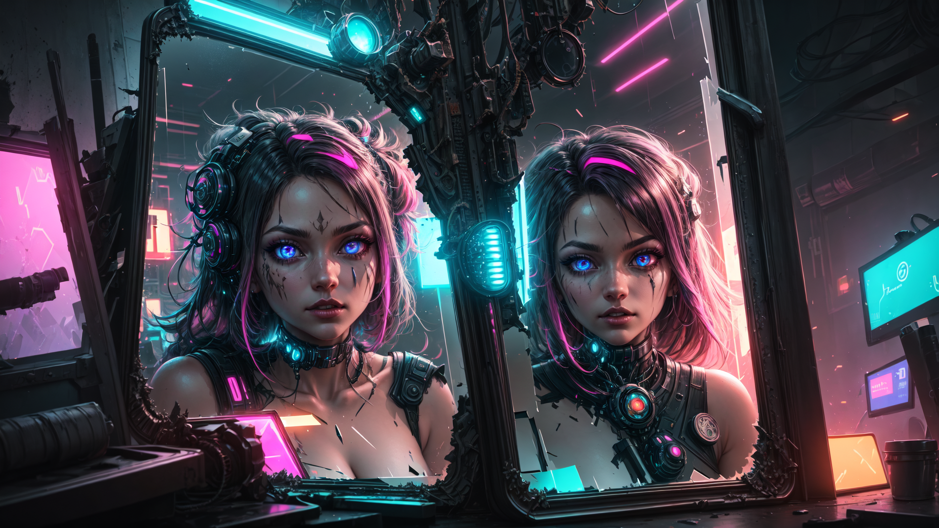 AI generated wallpaper featuring cyberpunk girl, mirror reflection, neon lights, goggles, mechanical implants, broken mirror, cityscape, holographic displays, futuristic clothing, glowing eyes