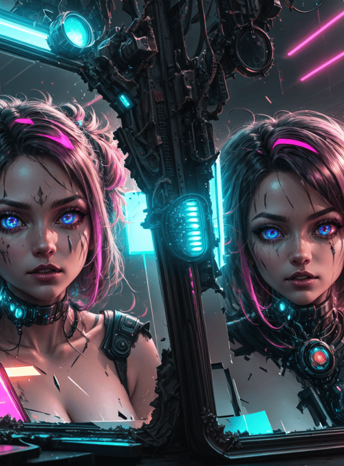 cyberpunk girl, mirror reflection, neon lights, goggles, mechanical implants, broken mirror, cityscape, holographic displays, futuristic clothing, glowing eyes