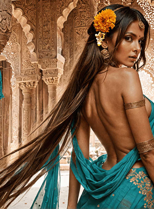 woman, sari, columns, flower, jewelry, hair, mandir, tassel, lotus, arch