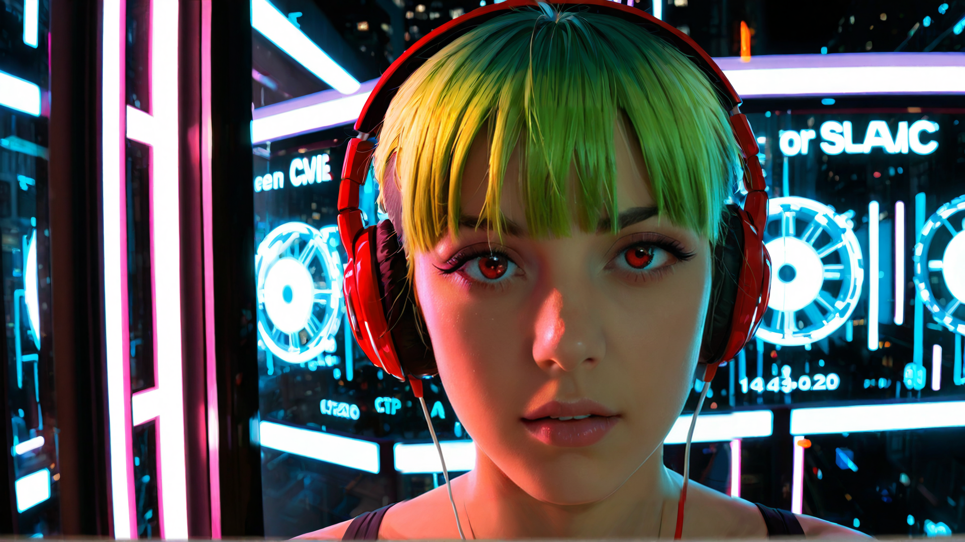 AI generated wallpaper featuring person, headphones, neon lights, cityscape, digital display