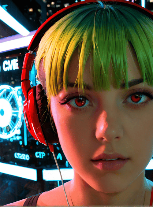 person, headphones, neon lights, cityscape, digital display