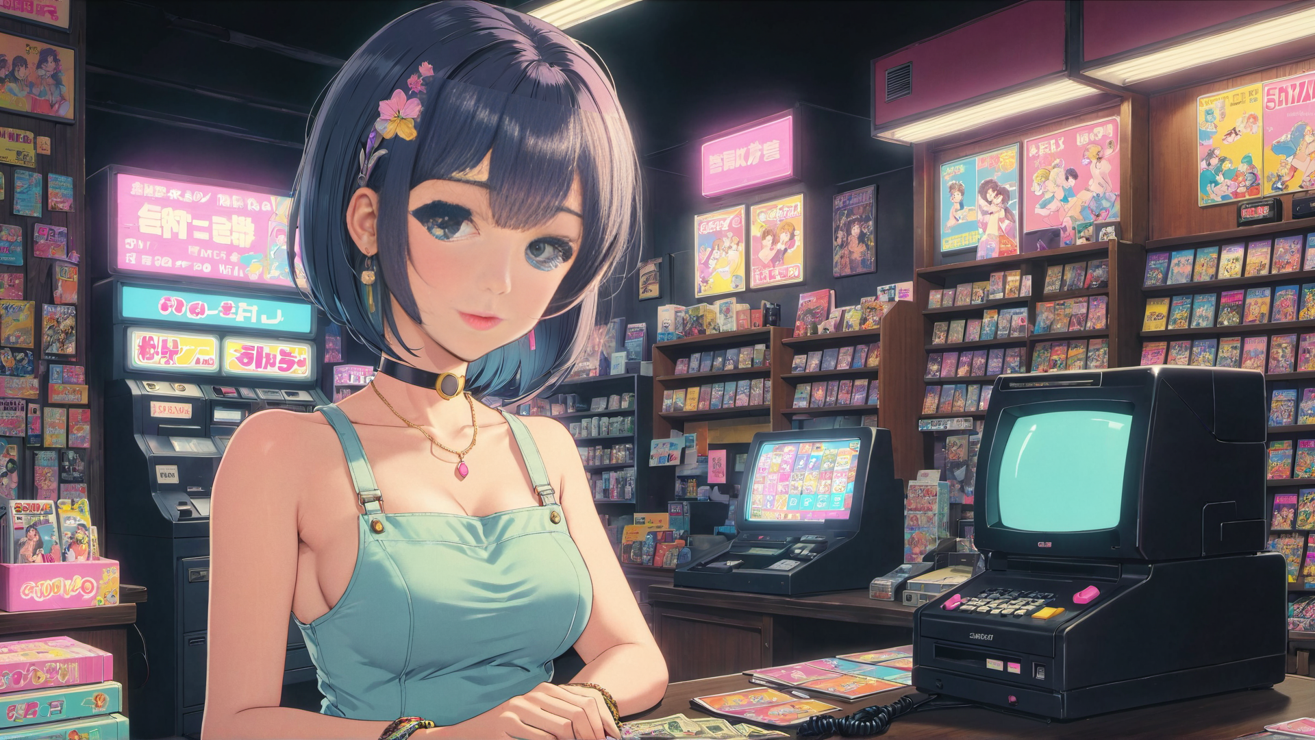 AI generated wallpaper featuring anime girl, game shop, magazines
