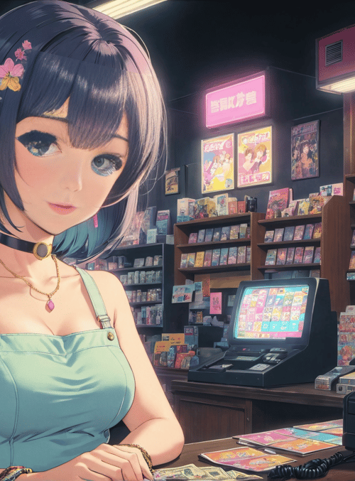 anime girl, game shop, magazines