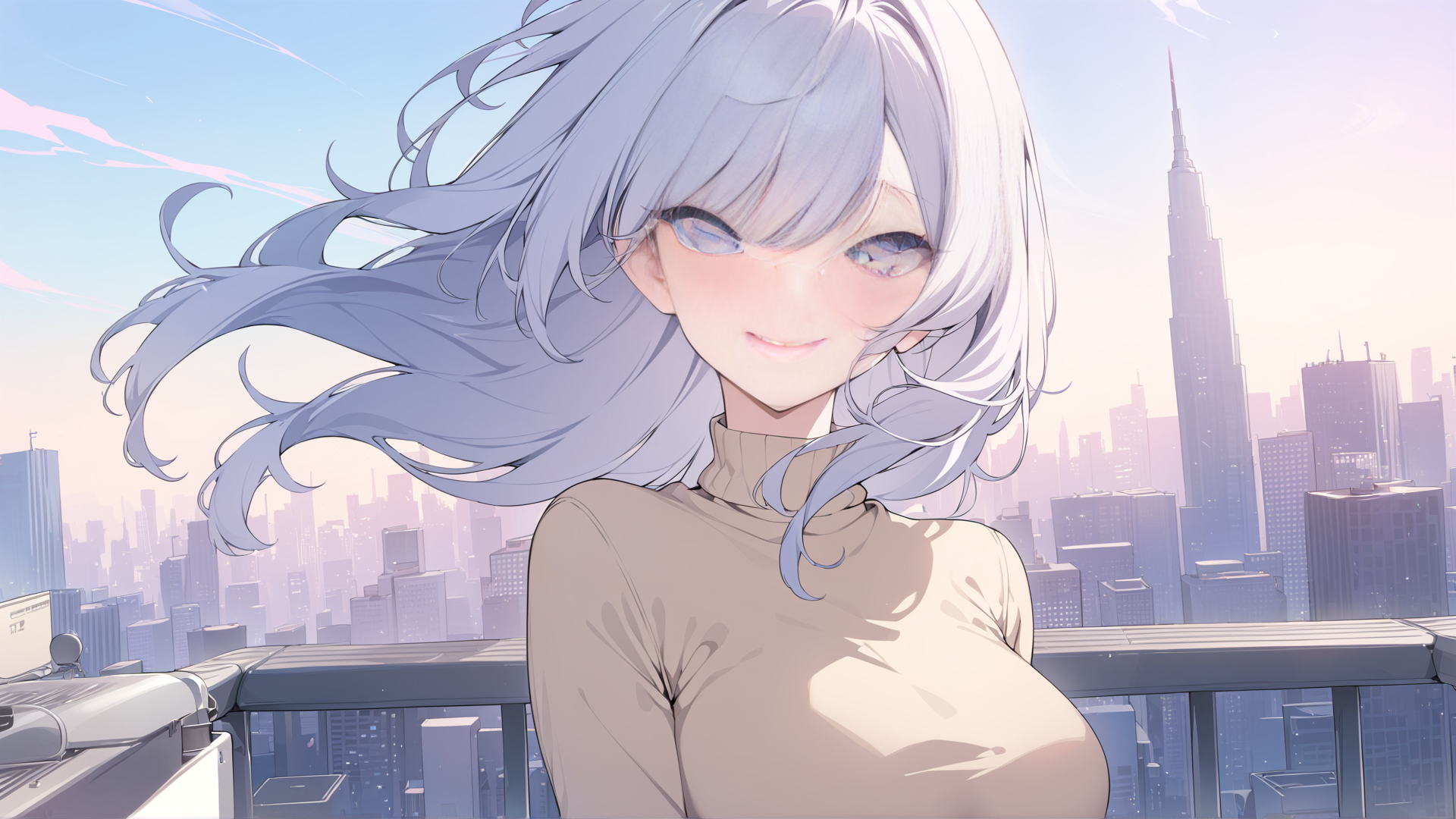 AI generated wallpaper featuring anime girl, cityscape