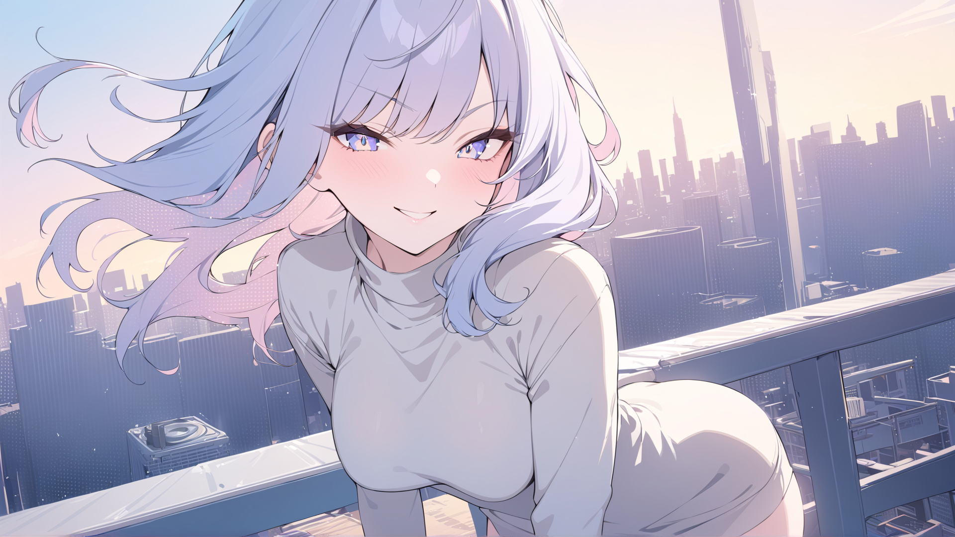 AI generated wallpaper featuring anime girl, cityscape