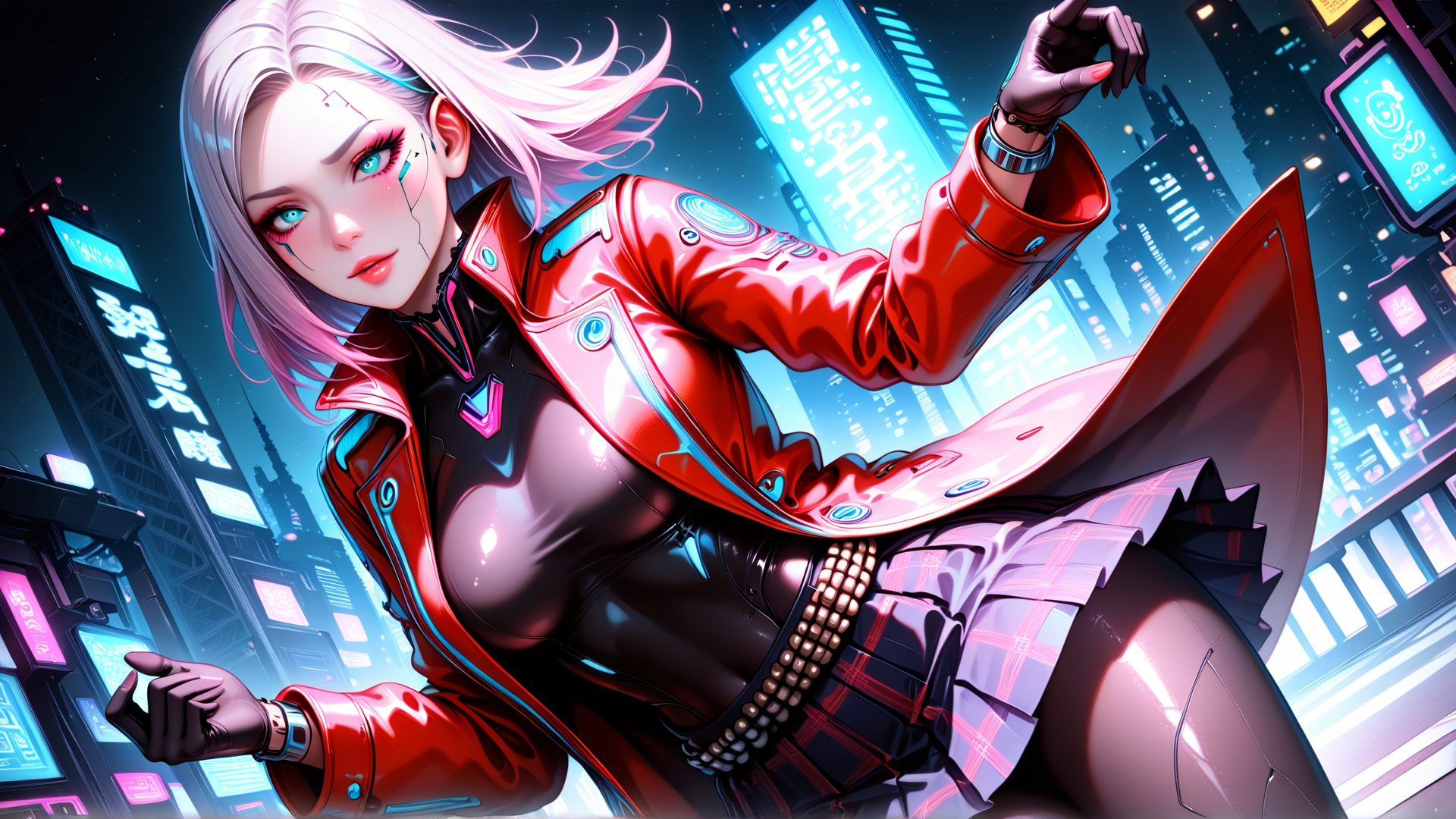 AI generated wallpaper featuring cyberpunk, girl, cityscape, neon, robotic, outfit, skirt, jacket, gloves, hair