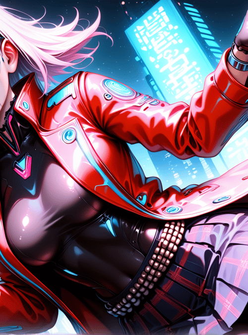 cyberpunk, girl, cityscape, neon, robotic, outfit, skirt, jacket, gloves, hair