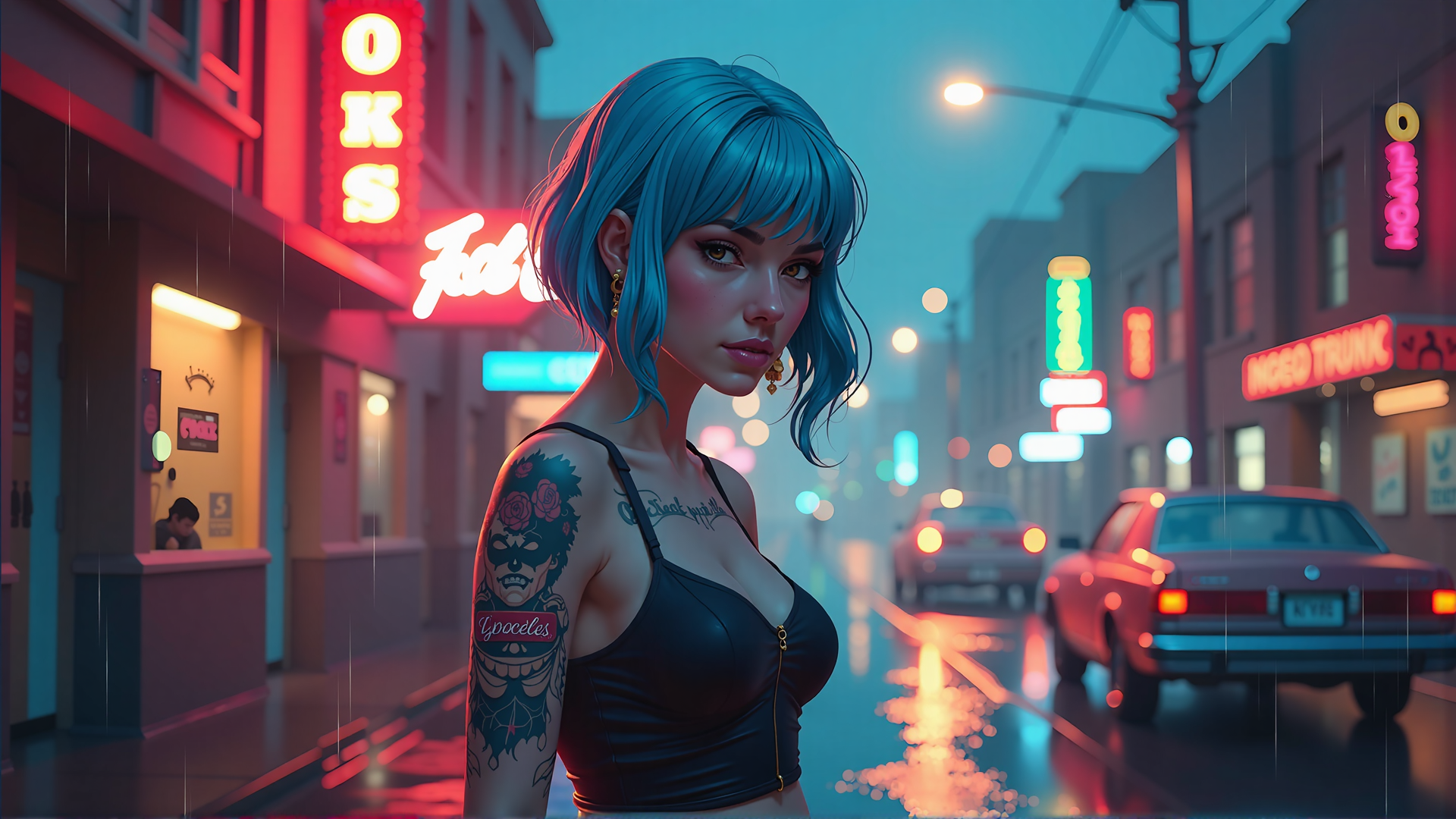 AI generated wallpaper featuring woman, street, tattoo, car, neon, building, rain, sign, earrings, nail