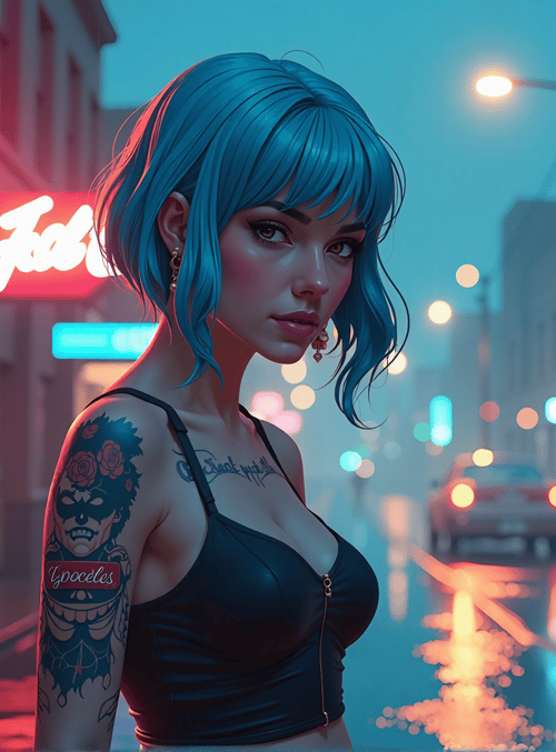 woman, street, tattoo, car, neon, building, rain, sign, earrings, nail