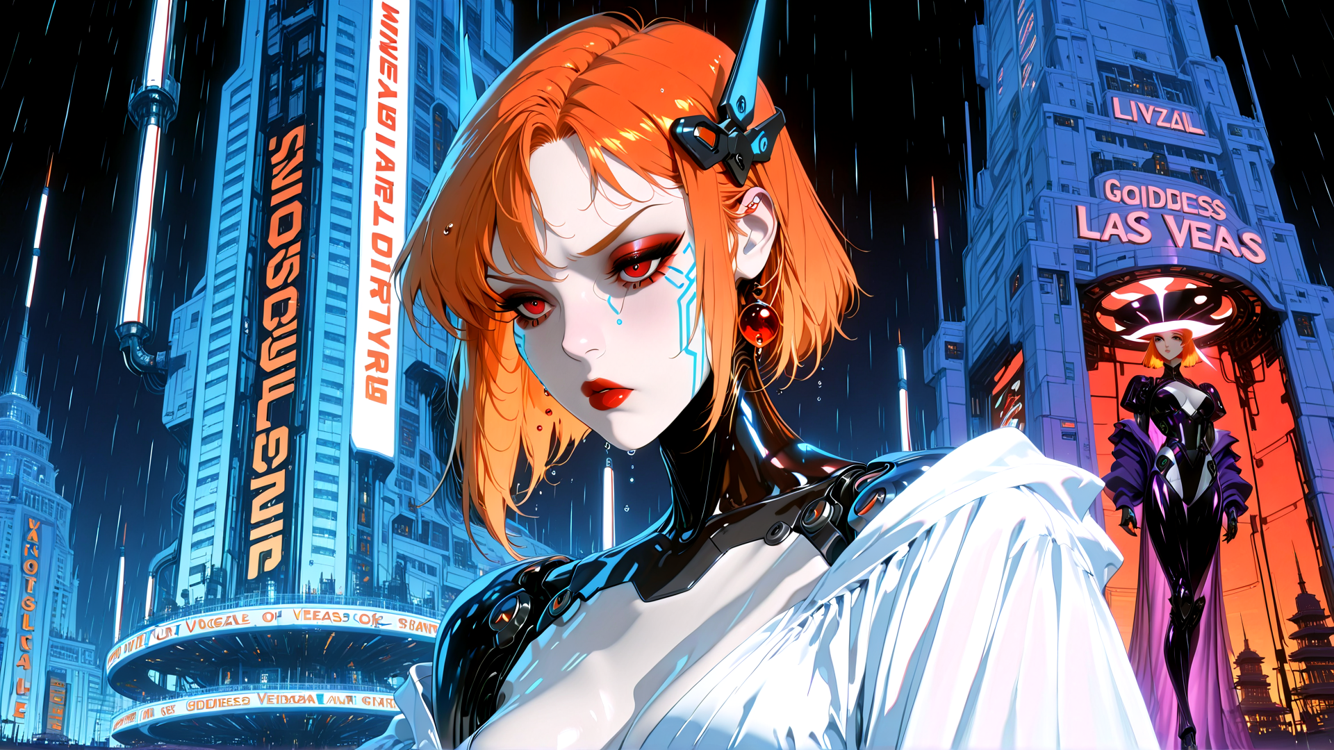 AI generated wallpaper featuring woman, cyborg, cityscape, neon, buildings, signs, rain, gears, hologram, outfit
