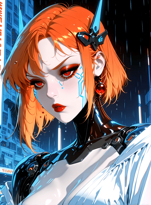 woman, cyborg, cityscape, neon, buildings, signs, rain, gears, hologram, outfit