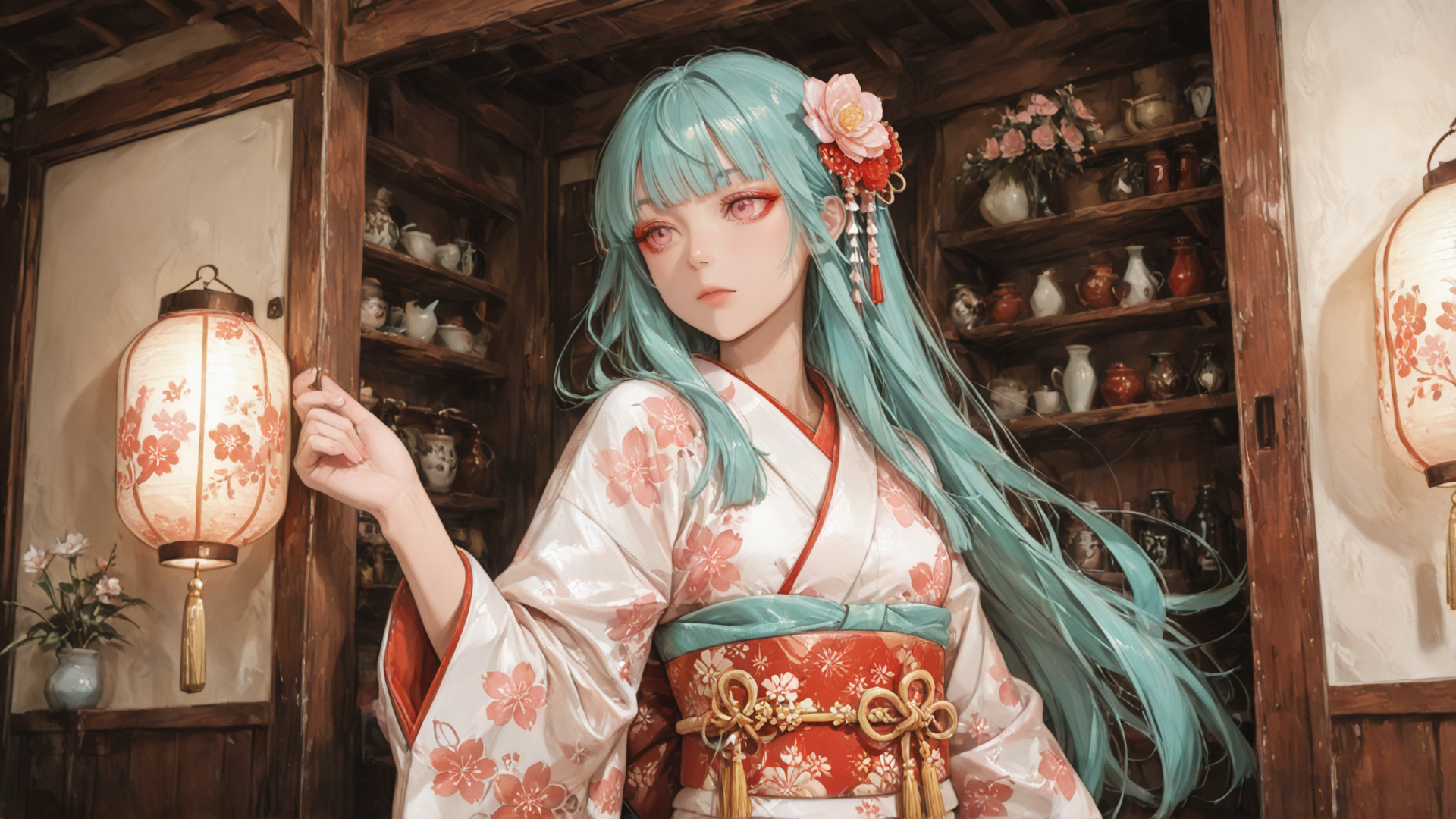 AI generated wallpaper featuring woman, kimonos, lanterns, vase, bottle, shelves, flowers, door, hair, cherryblossom