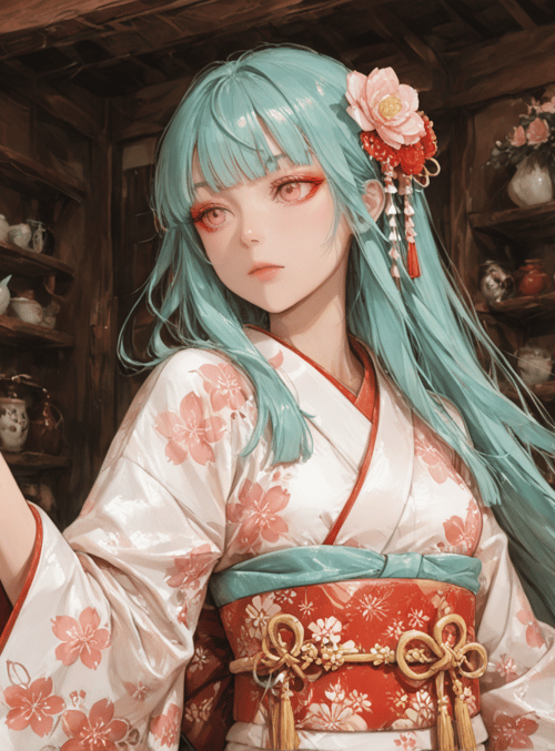 woman, kimonos, lanterns, vase, bottle, shelves, flowers, door, hair, cherryblossom