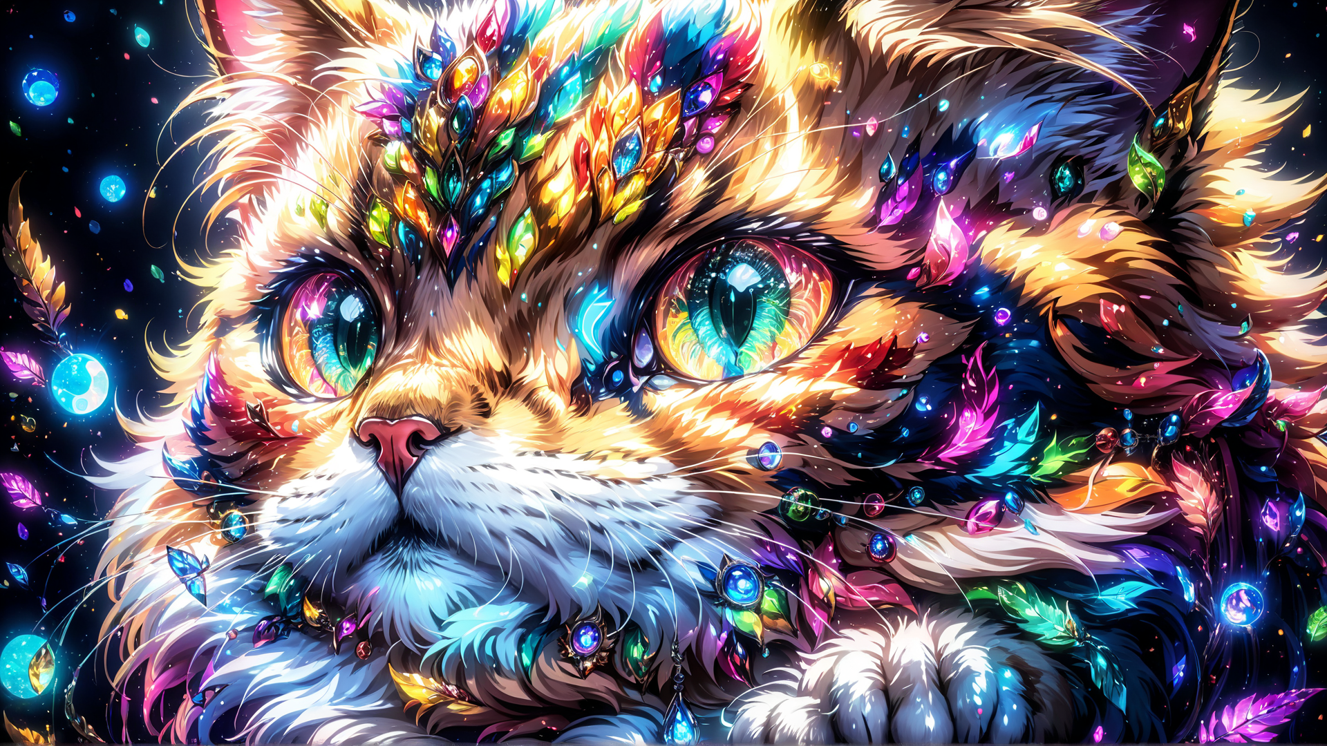 AI generated wallpaper featuring cat, crystals, feathers