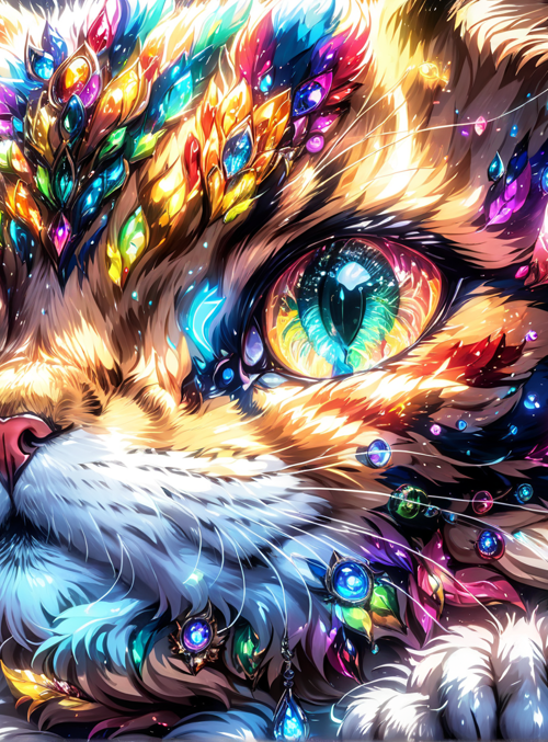 cat, crystals, feathers