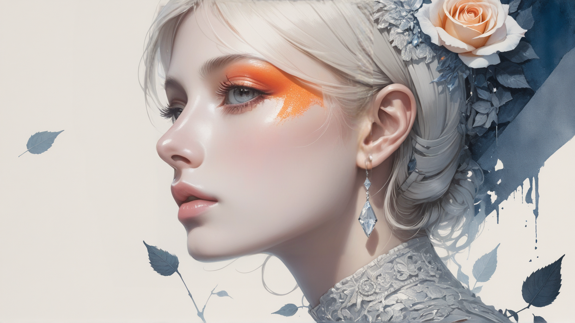 AI generated wallpaper featuring woman, flower, leaf