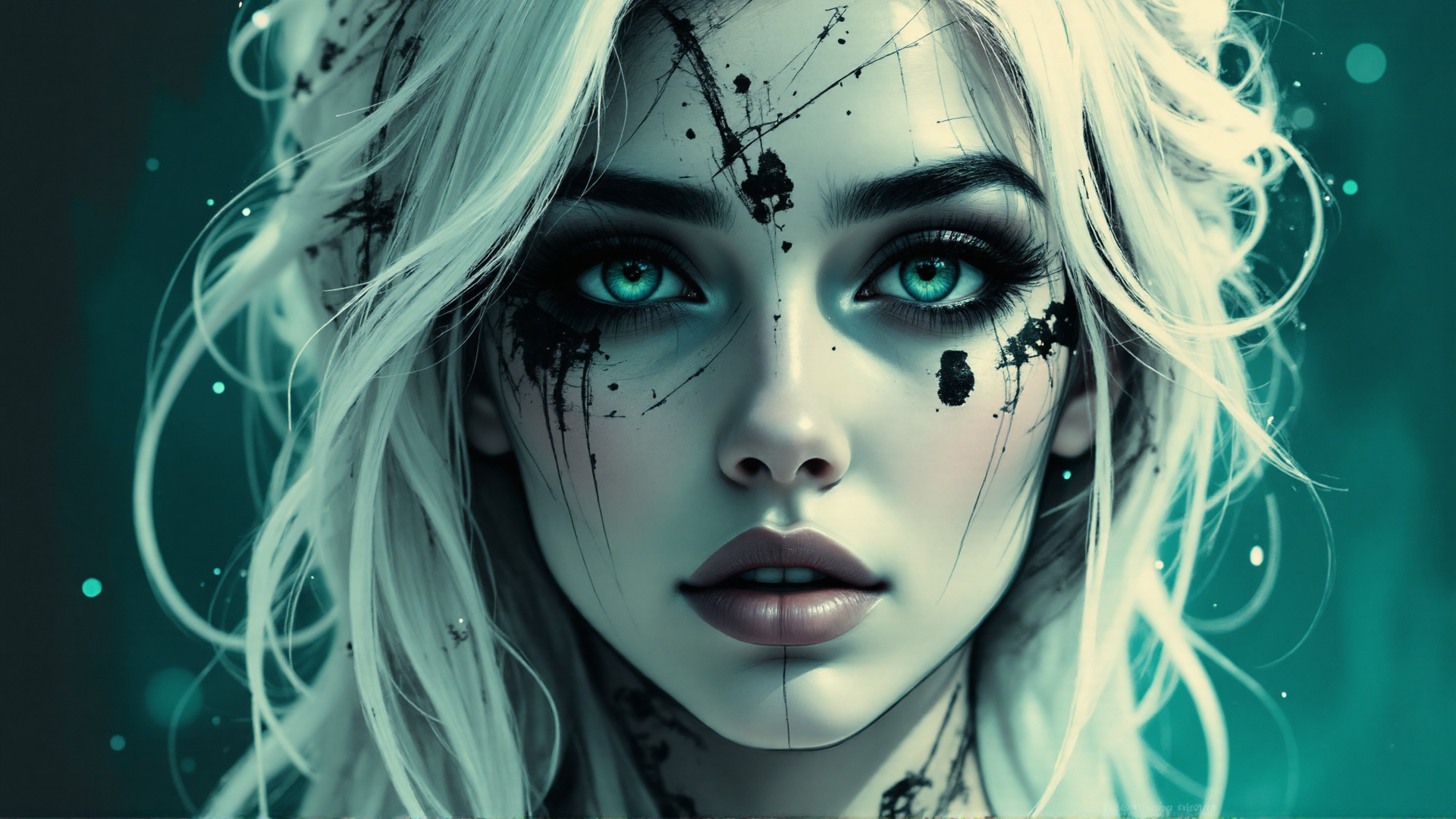 AI generated wallpaper featuring woman, face, hair, ink, eyes, blonde, tears
