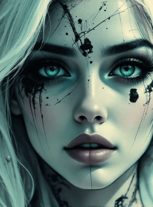 woman, face, hair, ink, eyes, blonde, tears