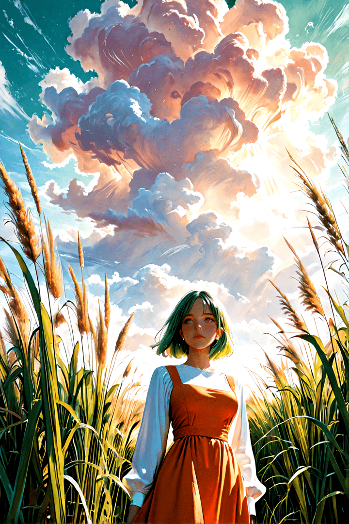 AI generated wallpaper featuring girl, grass, cloud, sun