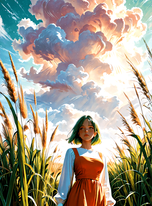 girl, grass, cloud, sun