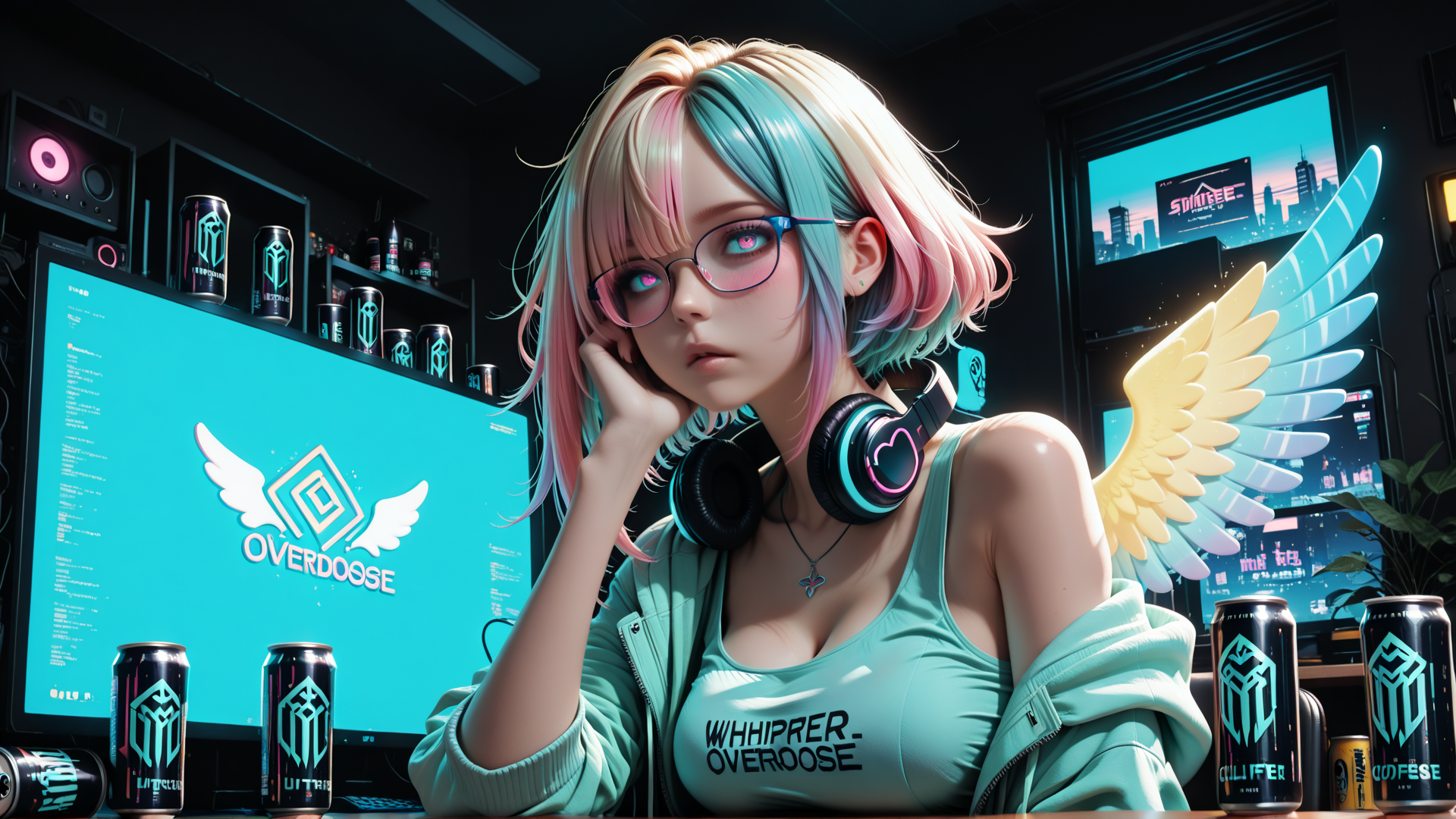 AI generated wallpaper featuring girl, gamer, headphones, wings, monitor, cans, jacket, glasses, necklace, screen