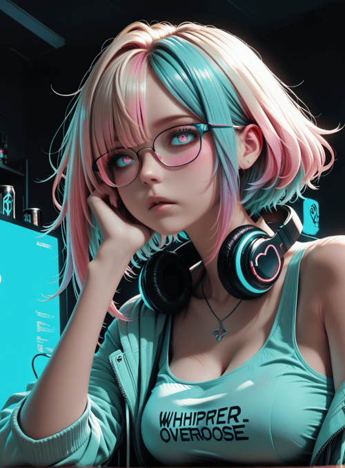 girl, gamer, headphones, wings, monitor, cans, jacket, glasses, necklace, screen