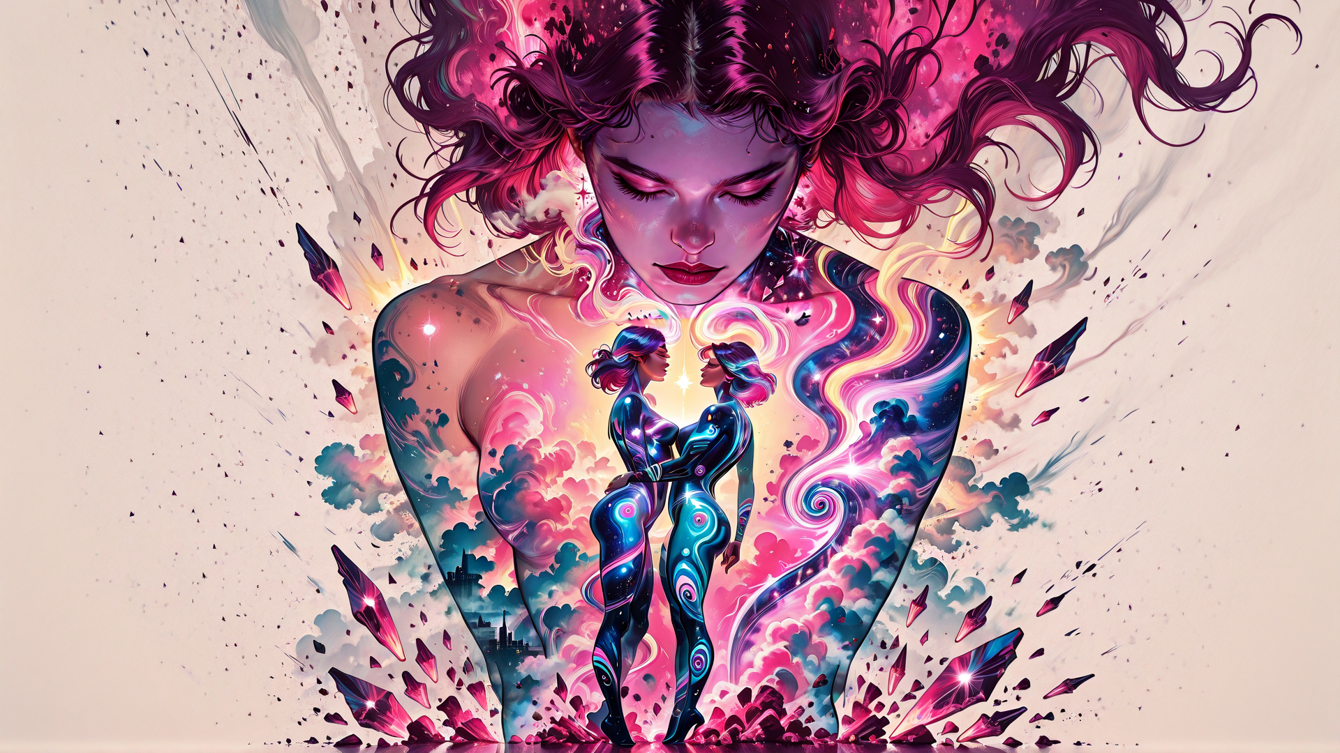 AI generated wallpaper featuring woman, two figures, crystals, hair, cosmos