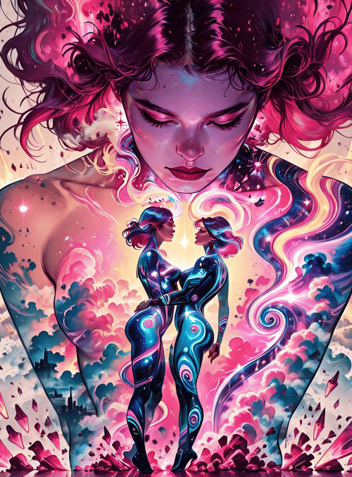 woman, two figures, crystals, hair, cosmos