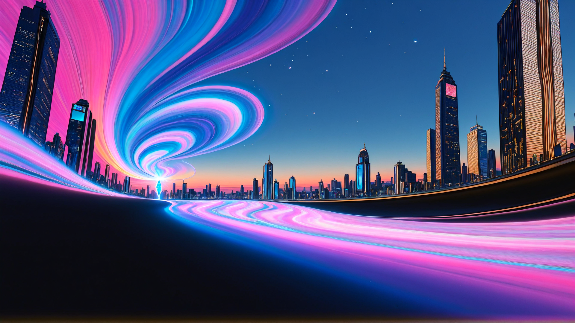 AI generated wallpaper featuring cityscape, buildings, neon, aurora, skyline